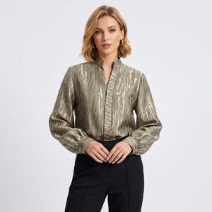 شومیز زنانه دل آویز ساتن زیتونی مدل H539
